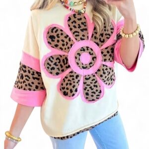 BiBi Leopard Floral Appliqué Top 100%
